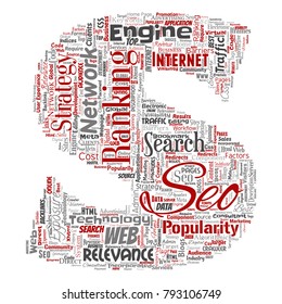 Vector conceptual search results engine optimization top rank seo letter font S online internet word cloud text isolated on background. Marketing strategy web page content relevance network concept