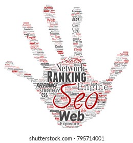 Vector conceptual search results engine optimization top rank seo hand print stamp online internet word cloud text isolated on background. Marketing strategy web page content relevance network concept