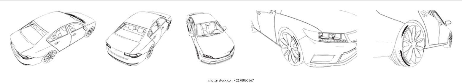 Vector Conceptual Set Or Collection An Urban Car Sketches From Different Perspectives As A Metaphor For Transportation And Travel, Independence, Flexibility And Freedom, Privacy And Safety