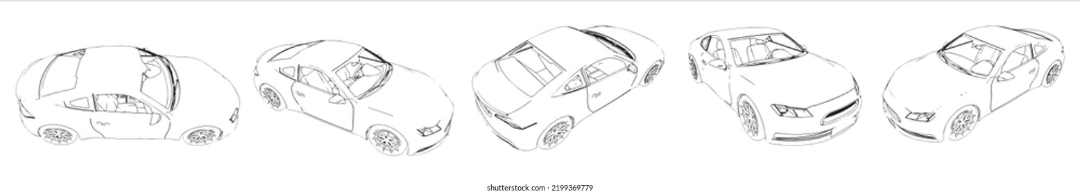 Vector Conceptual Set Or Collection Of An Urban Sport Car Sketches From Different Perspectives As A Metaphor For Power,  Travel, Independence, Flexibility And Freedom, Privacy  And Adventure