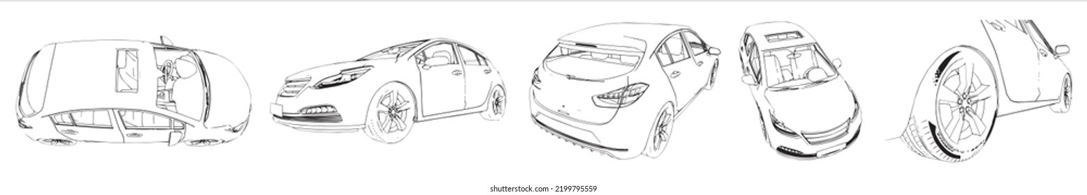 Vector Conceptual Set Or Collection Of An Urban Car Sketches From Different Perspectives As A Metaphor For Transportation And Travel, Independence, Flexibility And Freedom, Privacy And Safety