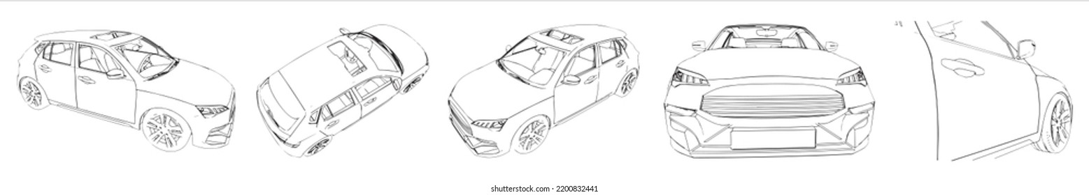 Vector Conceptual Set Or Collection Of An Urban Car Sketches From Different Perspectives As A Metaphor For Transportation And Travel, Independence, Flexibility And Freedom, Privacy And Safety