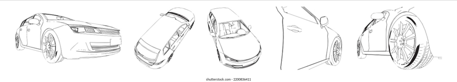 Vector Conceptual Set Or Collection Of An Urban Car Sketches From Different Perspectives As A Metaphor For Transportation And Travel, Independence, Flexibility And Freedom, Privacy And Safety