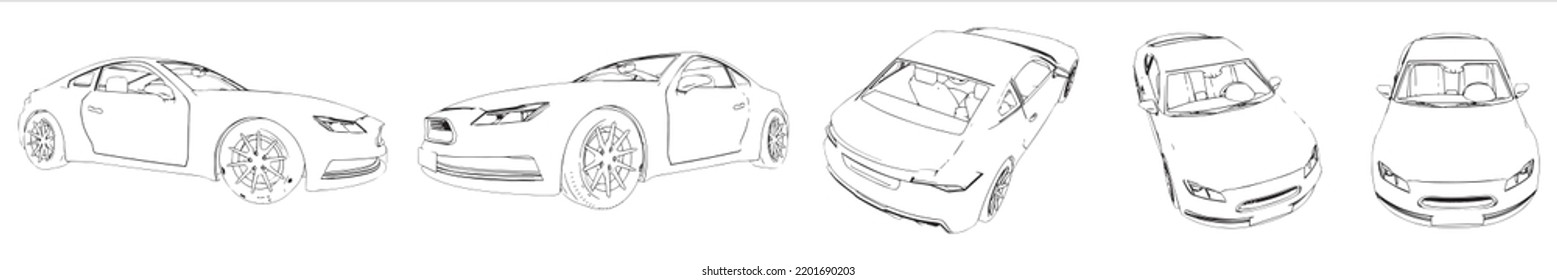 Vector Conceptual Set Or Collection Of An Urban Sport Car Sketches From Different Perspectives As A Metaphor For Power,  Travel, Independence, Flexibility And Freedom, Privacy  And Adventure