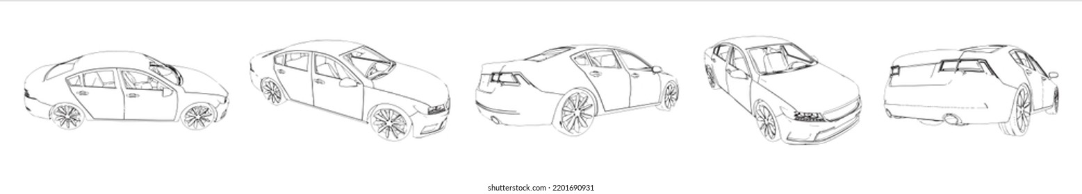 Vector Conceptual Set Or Collection An Urban Car Sketches From Different Perspectives As A Metaphor For Transportation And Travel, Independence, Flexibility And Freedom, Privacy And Safety