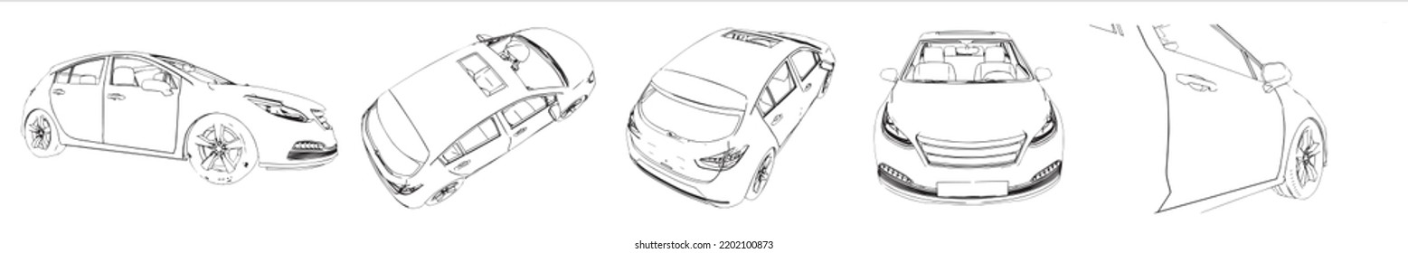 Vector Conceptual Set Or Collection Of An Urban Car Sketches From Different Perspectives As A Metaphor For Transportation And Travel, Independence, Flexibility And Freedom, Privacy And Safety