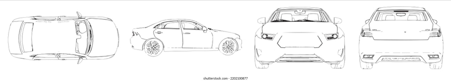 Vector Conceptual Set Or Collection Of An Urban Car Sketches From Different Perspectives As A Metaphor For Transportation And Travel, Independence, Flexibility And Freedom, Privacy And Safety