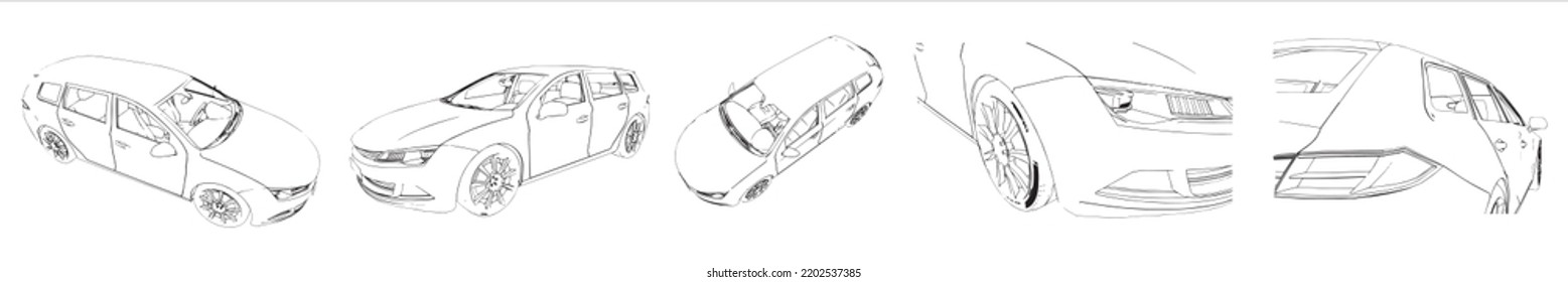 Vector Conceptual Set Or Collection Of An Urban Car Sketches From Different Perspectives As A Metaphor For Transportation And Travel, Independence, Flexibility And Freedom, Privacy And Safety