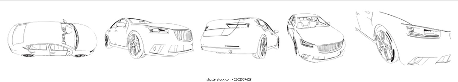 Vector Conceptual Set Or Collection Of An Urban Car Sketches From Different Perspectives As A Metaphor For Transportation And Travel, Independence, Flexibility And Freedom, Privacy And Safety