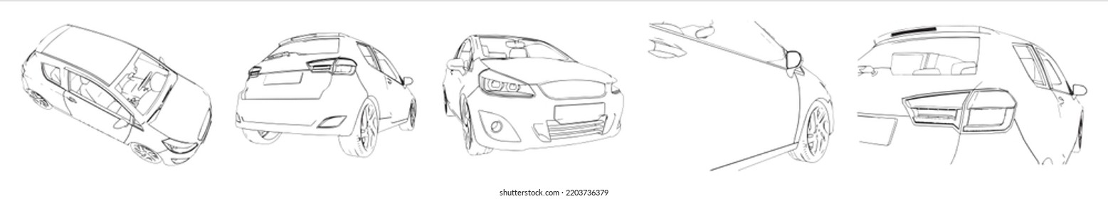 Vector Conceptual Set Or Collection Of An Urban Car Sketches From Different Perspectives As A Metaphor For Transportation And Travel, Independence, Flexibility And Freedom, Privacy And Safety