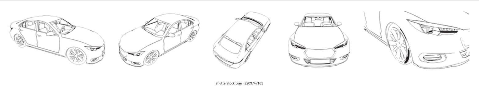 Vector Conceptual Set Or Collection Of An Urban Car Sketches From Different Perspectives As A Metaphor For Transportation And Travel, Independence, Flexibility And Freedom, Privacy And Safety