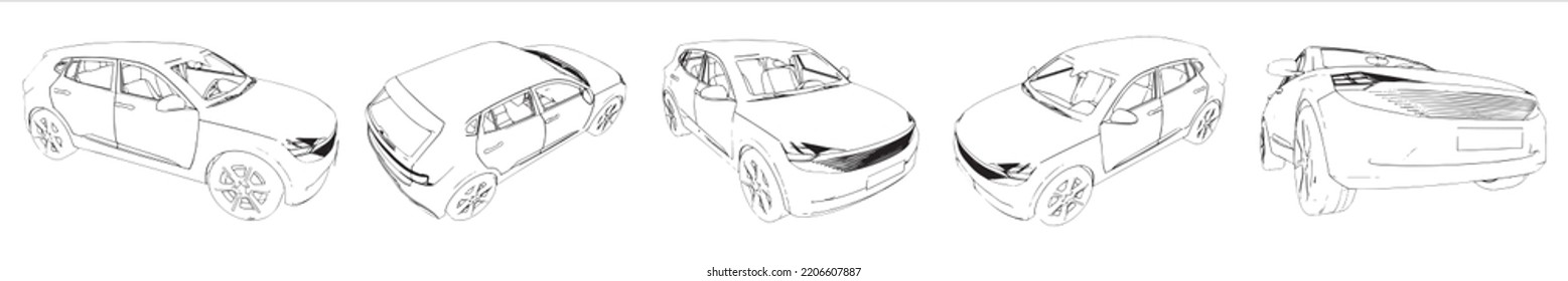 Vector Conceptual Set Or Collection Of An Urban Car Sketches From Different Perspectives As A Metaphor For Transportation And Travel, Independence, Flexibility And Freedom, Privacy And Safety