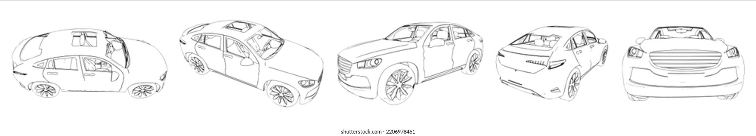 Vector Conceptual Set Or Collection Of An Urban Car Sketches From Different Perspectives A Metaphor For Transportation And Travel, Independence, Flexibility And Freedom, Privacy And Safety