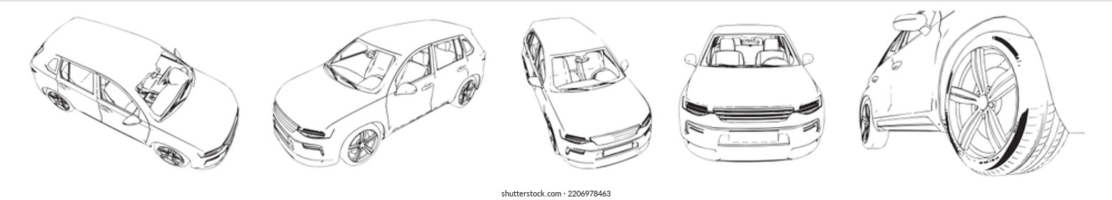 Vector Conceptual Set Or Collection Of An Urban Car Sketches From Different Perspectives As A Metaphor For Transportation And Travel, Independence, Flexibility And Freedom, Privacy And Safety