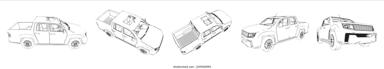 Vector conceptual set  of an offroad car sketches from different perspectives. 3d illustration as a metaphor for transportation, power, adventure, independence, flexibility, freedom and safetyv