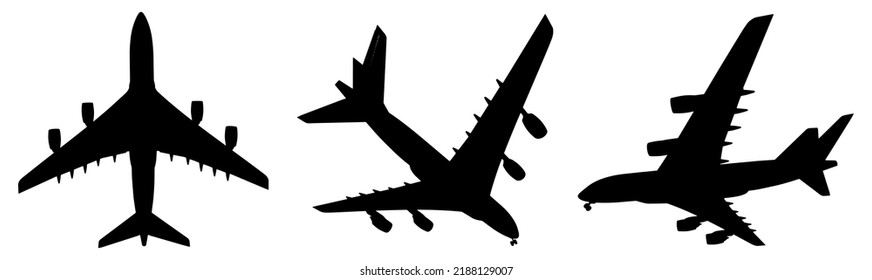 Vector conceptual set of three flying black passenger jetliner or commercial planes, isolated on white background as a metaphor for jet transportation, travel industry or modern freedom concept
