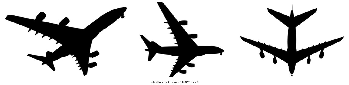 Vector conceptual set of three flying black passenger jetliner or commercial planes, isolated on white background as a metaphor for jet transportation, travel industry or modern freedom concept