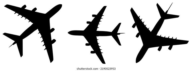 Vector conceptual set of three flying black passenger jetliner or commercial planes, isolated on white background as a metaphor for jet transportation, travel industry or modern freedom concept