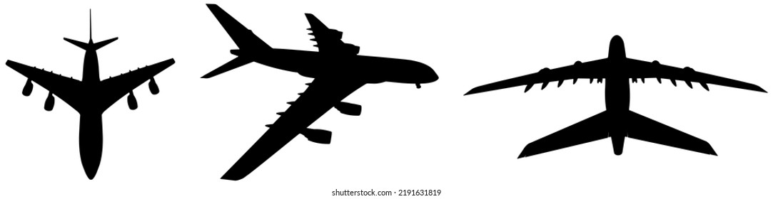 Vector conceptual set of three flying black passenger jetliner or commercial planes, isolated on white background as a metaphor for jet transportation, travel industry or modern freedom concept