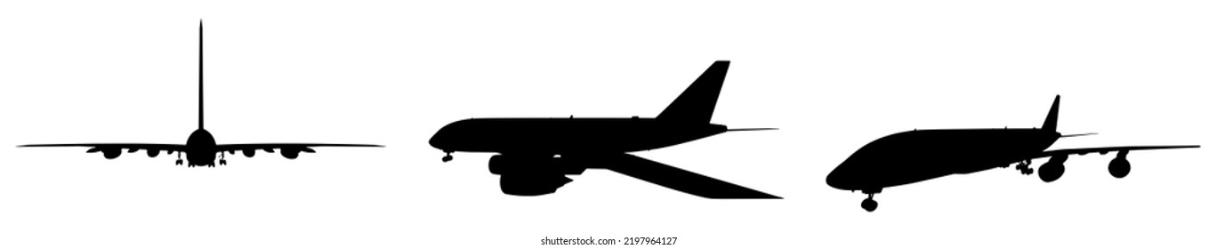 Vector conceptual set of three flying black passenger jetliner or commercial planes, isolated on white background as a metaphor for jet transportation, travel industry or modern freedom concept