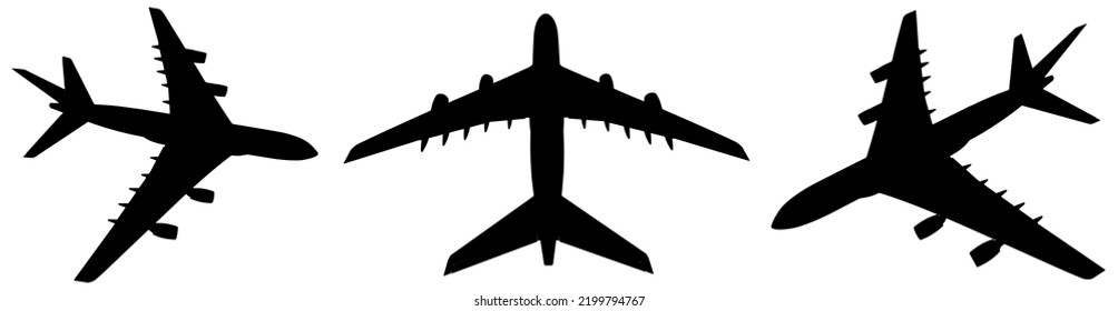 Vector conceptual set of three flying black passenger jetliner or commercial planes, isolated on white background as a metaphor for jet transportation, travel industry or modern freedom concept