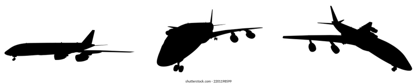 Vector conceptual set of three flying black passenger jetliner or commercial planes, isolated on white background as a metaphor for jet transportation, travel industry or modern freedom concept