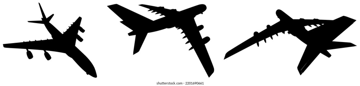 Vector conceptual set of three flying black passenger jetliner or commercial planes, isolated on white background as a metaphor for jet transportation, travel industry or modern freedom concept