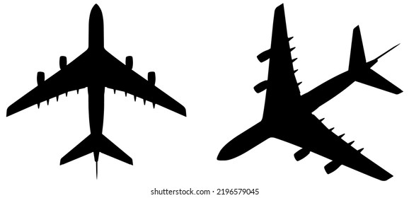 Vector conceptual set of two flying black passenger jetliner or commercial planes, isolated on white background as a metaphor for jet transportation, travel industry or modern freedom concept