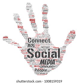 Vector conceptual social media networking or communication web marketing technology hand print stamp word cloud isolated on background. A tagcloud for global community worldwide concept or advertising