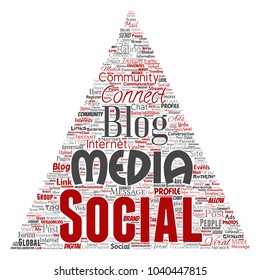 Vector conceptual social media networking or communication web marketing technology triangle arrow word cloud isolated on background. A tagcloud for global community worldwide concept or advertising