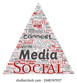 Vector de redes sociales conceptuales o tecnología de marketing web de comunicación triángulo flecha nube de palabras aisladas en segundo plano. Un tagcloud para el concepto o la publicidad de la comunidad mundial