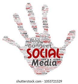 Vector conceptual social media networking or communication web marketing technology hand print stamp word cloud isolated on background. A tagcloud for global community worldwide concept or advertising