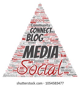 Vector de redes sociales conceptuales o tecnología de marketing web de comunicación triángulo flecha nube de palabras aisladas en segundo plano. Un tagcloud para el concepto o la publicidad de la comunidad mundial