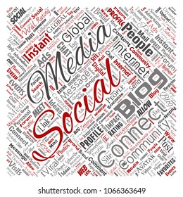 Vector conceptual social media networking or communication web marketing technology square red word cloud isolated on background. A tagcloud for global community worldwide concept or advertising