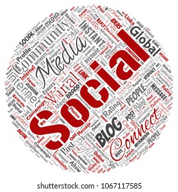 Vector conceptual social media networking or communication web marketing technology round circle red word cloud isolated on background. A tagcloud for global community worldwide concept or advertising