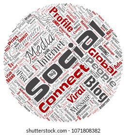 Vector conceptual social media networking or communication web marketing technology round circle red word cloud isolated on background. A tagcloud for global community worldwide concept or advertising