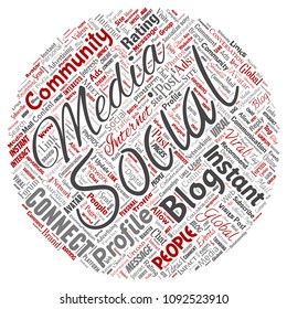 Vector conceptual social media networking or communication web marketing technology round circle red word cloud isolated on background. A tagcloud for global community worldwide concept or advertising