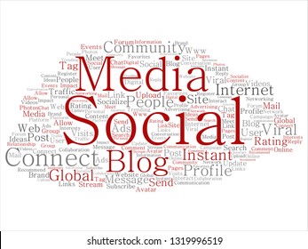 Abstrakte Wortwolke, isoliert auf dem Hintergrund, für die konzeptionelle Social-Media-Vernetzung oder die Kommunikationstechnologie. Eine Schlagzeile für ein weltweites Gemeinschaftskonzept oder Werbemetapher
