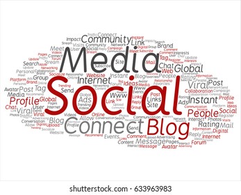 Vector conceptual social media networking or communication marketing technology abstract word cloud isolated on background. A tagcloud for global community worldwide concept or advertising metaphor