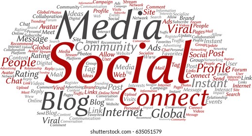 Vector conceptual social media networking or communication marketing technology abstract word cloud isolated on background. A tagcloud for global community worldwide concept or advertising metaphor