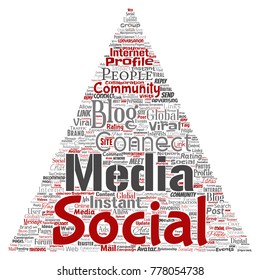 Vector conceptual social media networking or communication web marketing technology triangle arrow word cloud isolated on background. A tagcloud for global community worldwide concept or advertising
