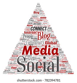 Vector de redes sociales conceptuales o tecnología de marketing web de comunicación triángulo flecha nube de palabras aisladas en segundo plano. Un tagcloud para el concepto o la publicidad de la comunidad mundial