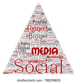 Vector de redes sociales conceptuales o tecnología de marketing web de comunicación triángulo flecha nube de palabras aisladas en segundo plano. Un tagcloud para el concepto o la publicidad de la comunidad mundial