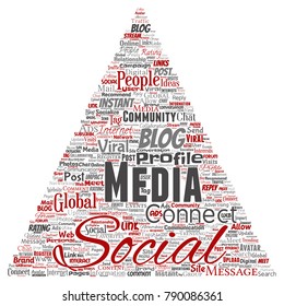Vector de redes sociales conceptuales o tecnología de marketing web de comunicación triángulo flecha nube de palabras aisladas en segundo plano. Un tagcloud para el concepto o la publicidad de la comunidad mundial