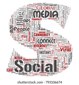 Vector conceptual social media networking or communication web marketing technology letter font S word cloud isolated on background. A tagcloud for global community worldwide concept or advertising