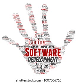 Vetor conceitual projeto de desenvolvimento de software de codificação mão impressão carimbo palavra nuvem isolado fundo. Colagem de web design de aplicativo, ideias seo, implementação, conceito de atualização de teste