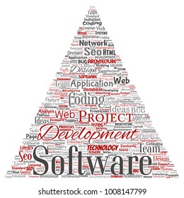 Vector conceptual software development project coding technology triangle arrow  word cloud isolated background. Collage of application web design, seo ideas, implementation, testing upgrade concept