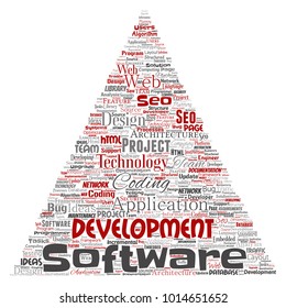 Vector conceptual software development project coding technology triangle arrow  word cloud isolated background. Collage of application web design, seo ideas, implementation, testing upgrade concept