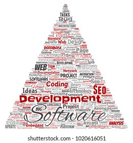 Vector conceptual software development project coding technology triangle arrow  word cloud isolated background. Collage of application web design, seo ideas, implementation, testing upgrade concept