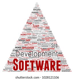 Vector conceptual software development project coding technology triangle arrow  word cloud isolated background. Collage of application web design, seo ideas, implementation, testing upgrade concept